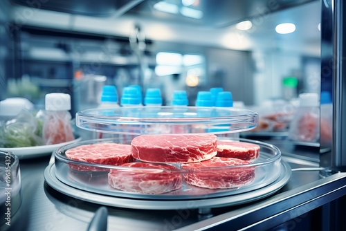 Scientist inspecting meat at laboratory, laboratory setting presents nurturing lab-grown meat, food solutions, meat concept