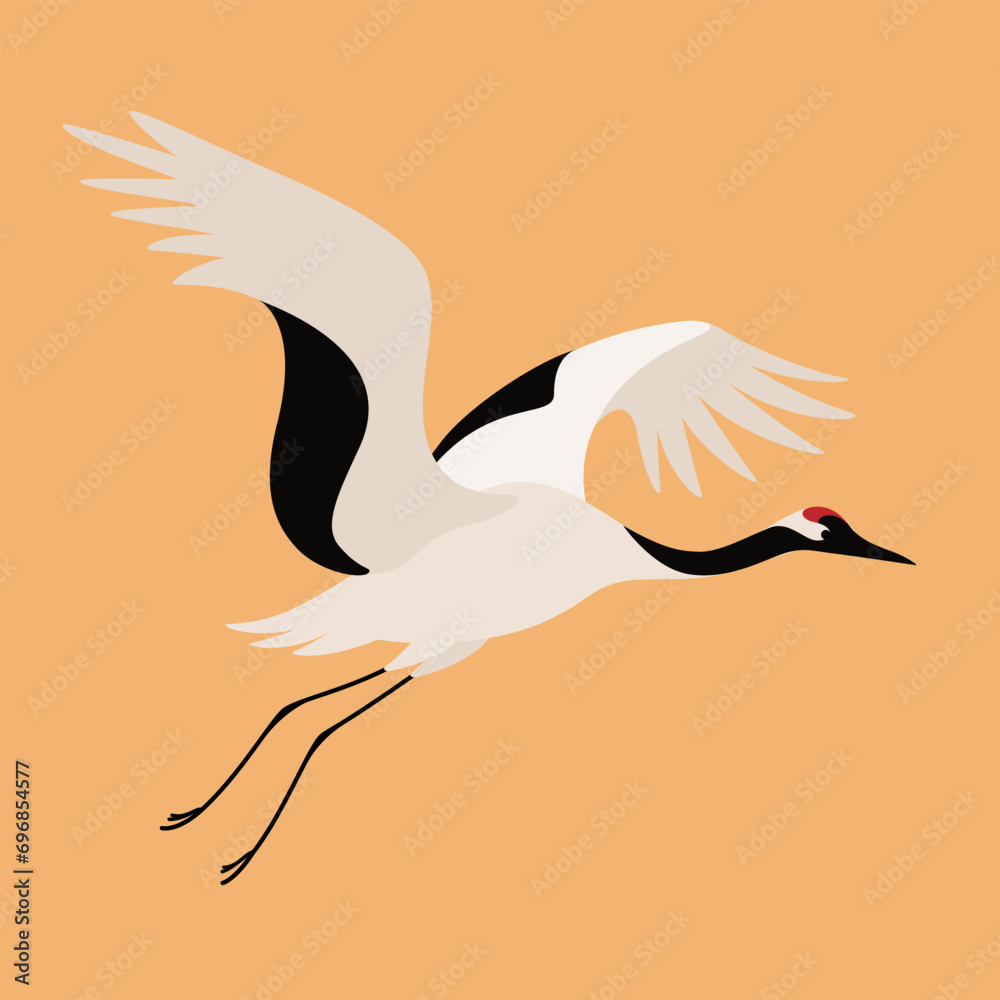 Fototapeta premium Red-crowned crane in sky. Cute bird illustration. Vector illustration for prints, clothing, packaging, stickers.