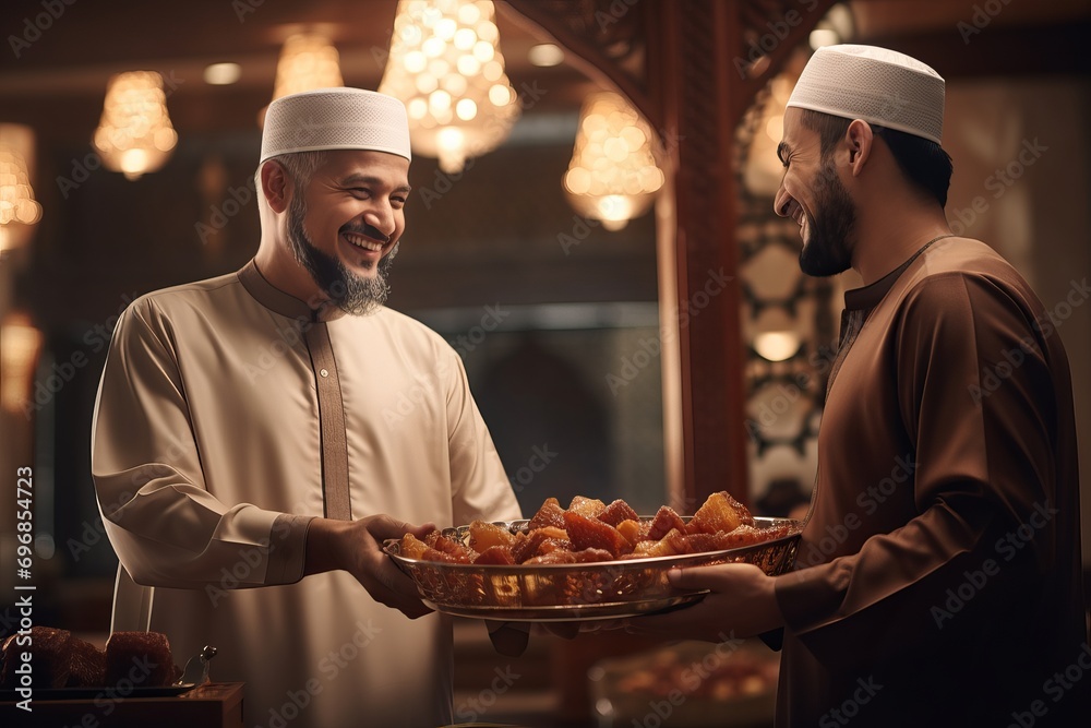 Muslim man smiling and giving dates to another Muslim man, dates in tray, Dates, Ramadhan Dates, Muslim man smiling and giving dates to another Muslim man, dates in tray, Dates, Ramadhan Dates,