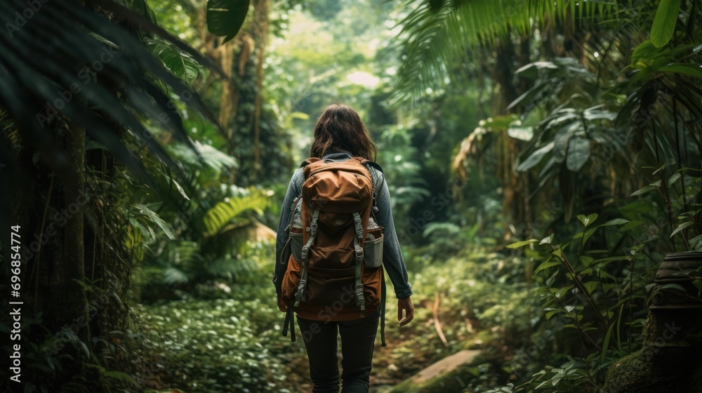 Solo traveler carrying a backpack amidst jungle greenery. Solo traveler carrying a backpack amidst jungle greenery.