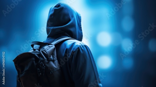 Online security concept,silhouette of a hacker in a hoodie looking towards data 