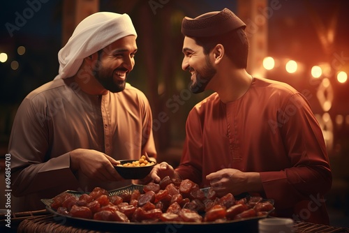 Muslim man smiling and giving dates to another Muslim man, dates in tray, Dates, Ramadhan Dates,