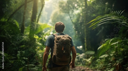 Solo traveler carrying a backpack amidst jungle greenery. 