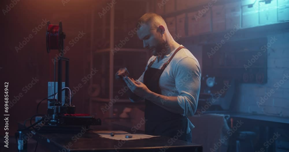 Professional engineer measuring detail and controlling 3D printer Professional engineer measuring detail and controlling 3D printer