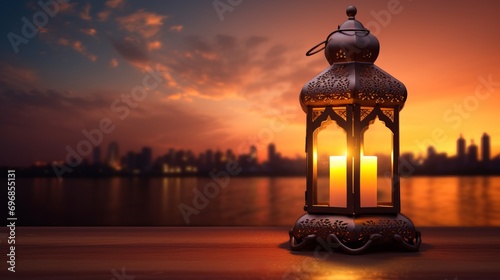 Closeup of Ramadan lamp with sunset background  Ramadan Lantern
