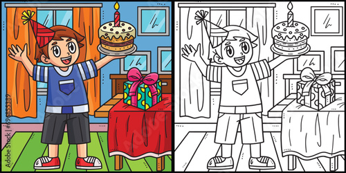 Birthday Boy Holding a Cake Coloring Illustration