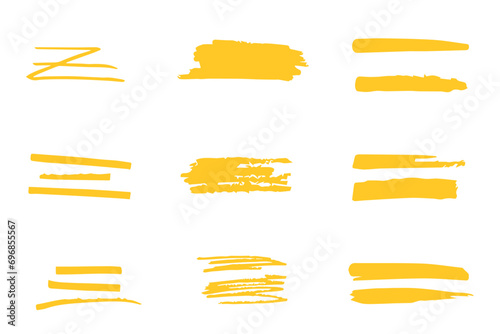 Yellow marker brush lines. Highlighter underline scribbles. Paint pen handdrawn strokes. Collection of trendy brush stroke vector for yellow ink paint, grunge backdrop, dirt banner, watercolor design 