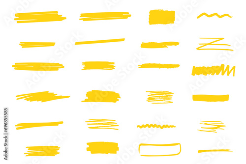 Yellow marker brush lines. Highlighter underline scribbles. Paint pen handdrawn strokes. Collection of trendy brush stroke vector for yellow ink paint, grunge backdrop, dirt banner, watercolor design 