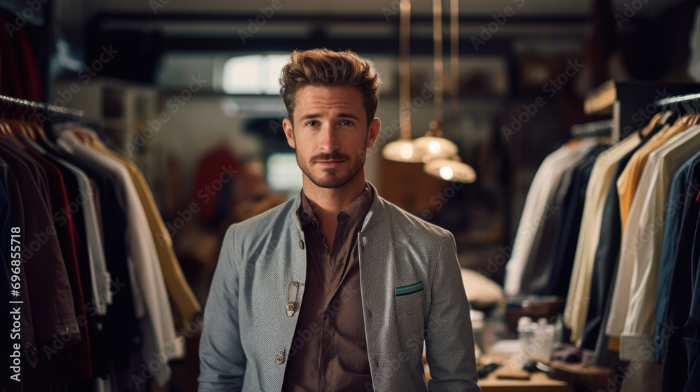 A male fashion designer in his atelier, standing by clothing racks and maintaining eye contact with the camera A male fashion designer in his atelier, standing by clothing racks and maintaining eye contact with the camera