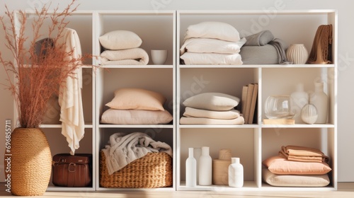 Stack of clean clothes, White shelving unit with stacks of different clothes ,Closet Shelf Divider Board