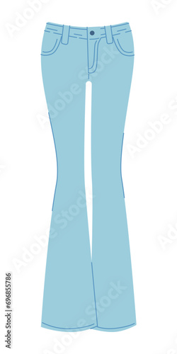 Blue flared jeans isolated on white background. Modern vector illustration