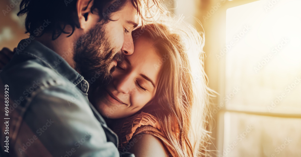 Fototapeta premium smiling young couple in sweaters, with their eyes closed, hugging at home by the window where the sun is shining 