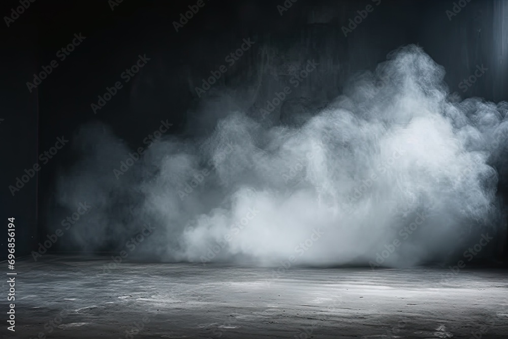 Studio with smoke weave mysterious dance against dark backdrop. Interplay of black and white creates atmospheric effect enhancing sense of mystery and drama - obrazy, fototapety, plakaty 