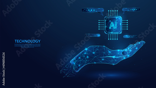 Abstract artificial intelligence system processor on dark blue background. Low poly wireframe style technology background