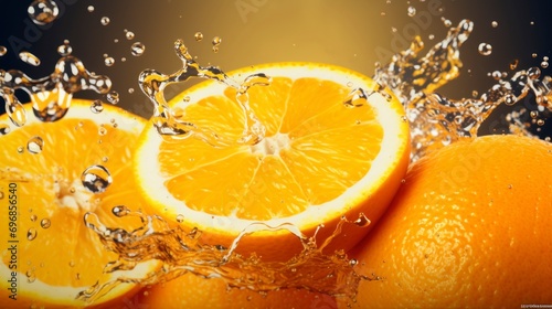 orange slice on an orange splashing liquid on orange background
