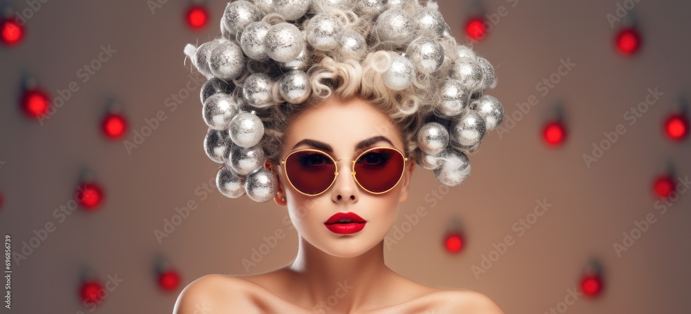 Naklejka premium Fashionable woman with creative hairstyle and sunglasses. Modern beauty trends.