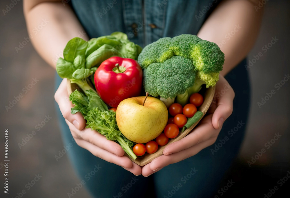 close up of female hands holding nutritional vegetables in heart shape
