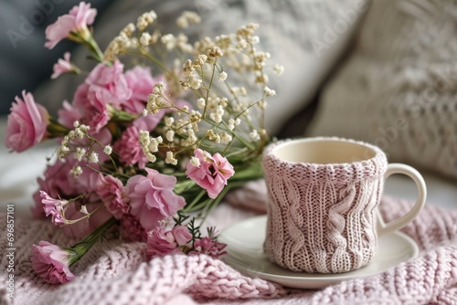 Delightful Mother's Day Scene: Cup With A Knitted Cover And Bouquet Of Flowers