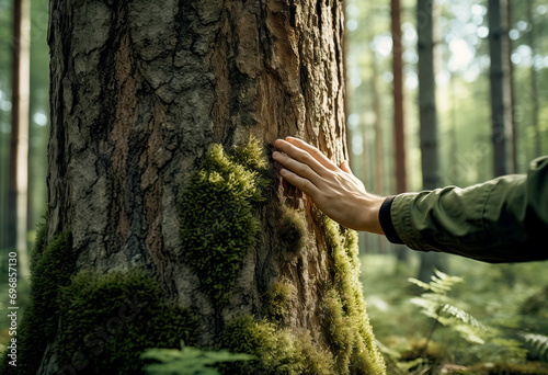 Close up of man’s hand touches rough tree trunk covered by green moss in the forest. Saving of environment and World Earth day concept