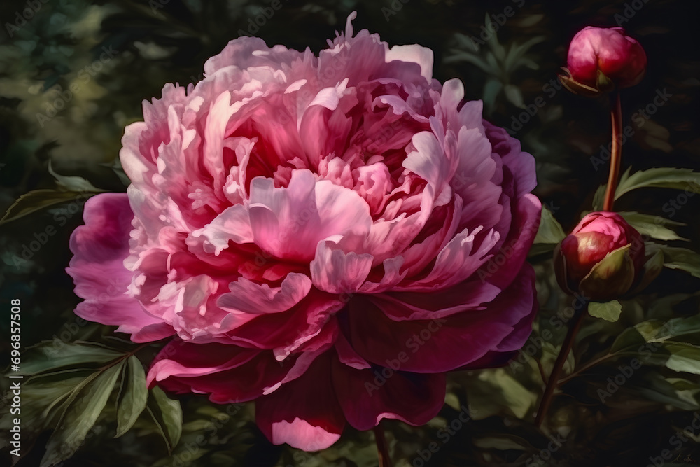 Flowering purple peony in summer garden, watercolor painting, closeup. Flowering purple peony in summer garden, watercolor painting, closeup.
