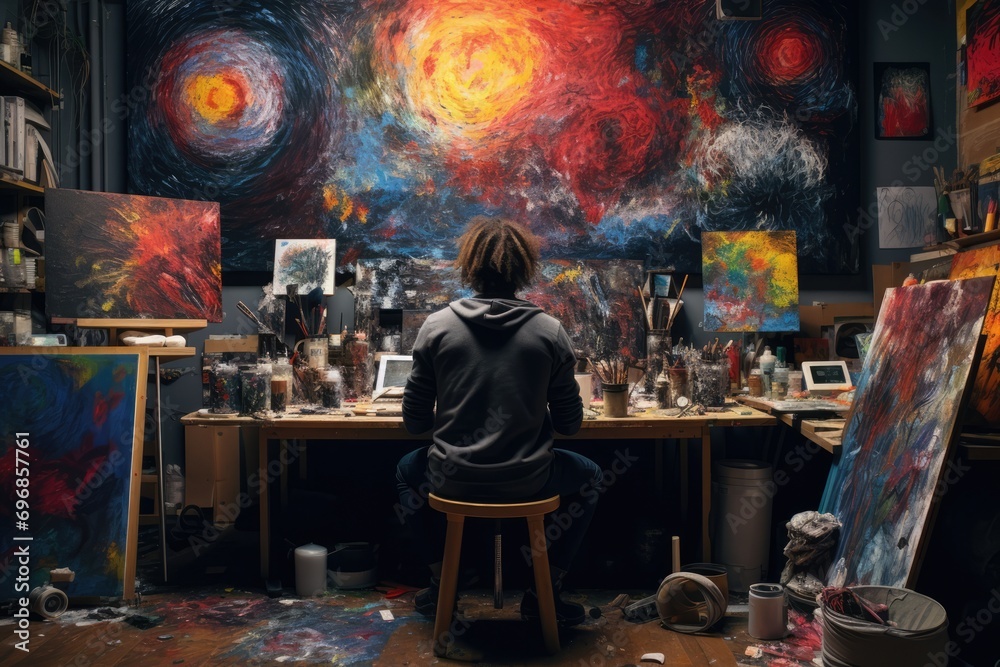 Artist Paints In Their Studio, Surrounded By Creative Chaos