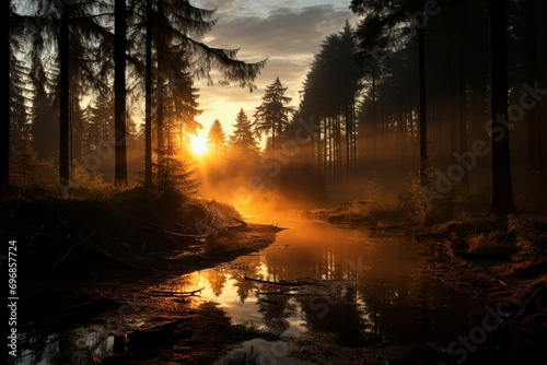 Sunrise in a foggy forest and river