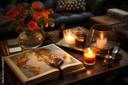 coffee table with study materials and mementos from different countries, fostering an atmosphere of shared knowledge and experiences in a commercial photo