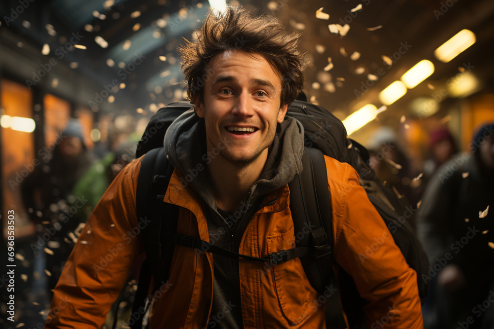 student stepping into a cinematic scene, arriving in a new country with luggage and excitement, portraying the dramatic start of their exchange journey in a commercial photo