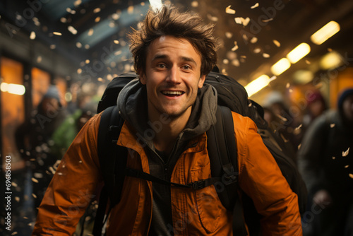 student stepping into a cinematic scene  arriving in a new country with luggage and excitement  portraying the dramatic start of their exchange journey in a commercial photo