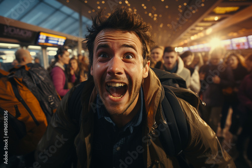 student stepping into a cinematic scene, arriving in a new country with luggage and excitement, portraying the dramatic start of their exchange journey in a commercial photo