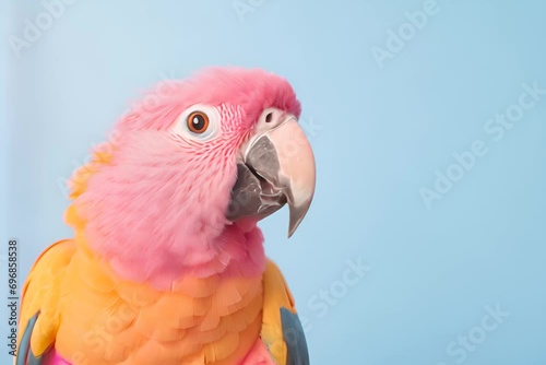 A vibrant pink and orange parrot against a soft blue background. photo