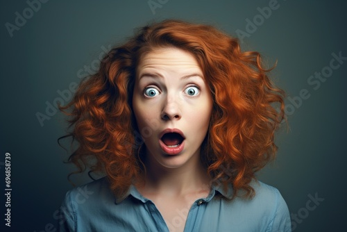 Studio portrait of woman looking shocked