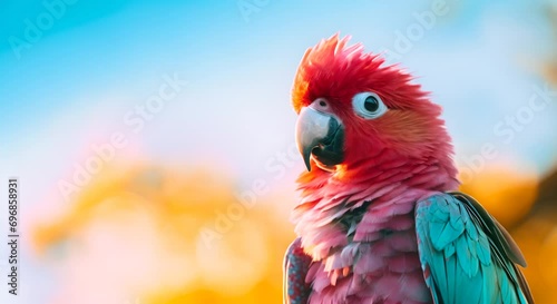 Portrait of a red parrot with a vibrant blue wing, against a sunset backdrop. photo