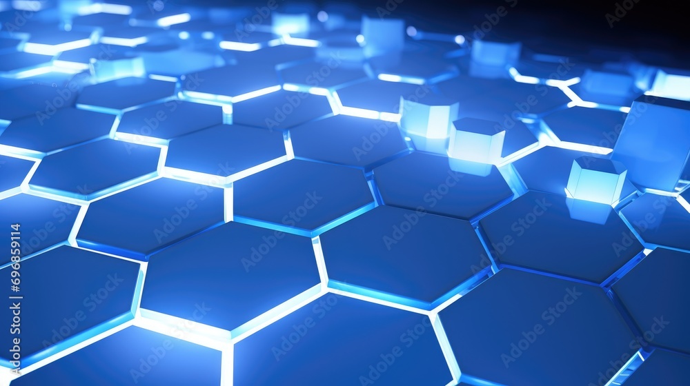 A mesmerizing pattern of blue hexagonal crystals that reflect light brightly and reflectively. Abstract background. A mesmerizing pattern of blue hexagonal crystals that reflect light brightly and reflectively. Abstract background.