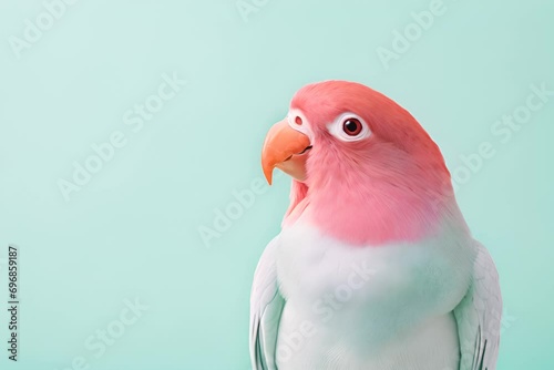 Portrait of a pink parrot with a white chest on a turquoise background. photo