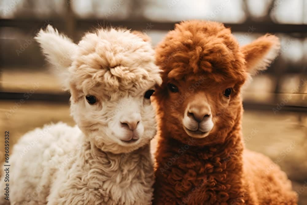 Two alpacas, one white and one brown, close together looking at the camera. Two alpacas, one white and one brown, close together looking at the camera.