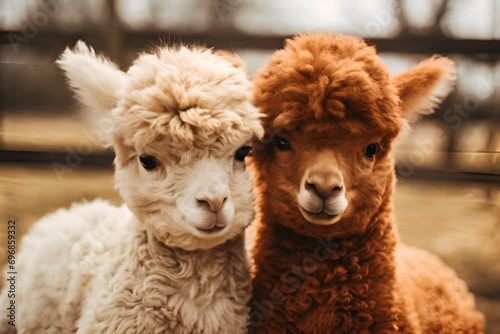 Two alpacas, one white and one brown, close together looking at the camera. photo