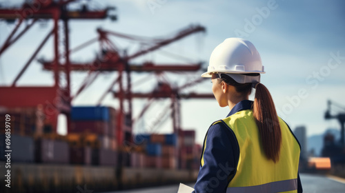 A female civil engineer examines drawings at a container terminal in the harbor, seen from behind, with a blurred backdrop.