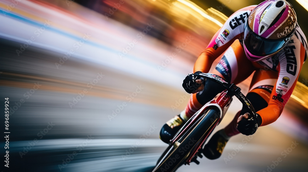 Bicyclist in uniform with helmet on cycle track, fast motion, motion blur