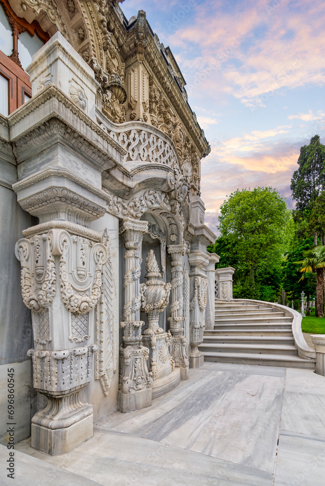 Staircase of Ihlamur Pavilion, with white marble engravings beside. The palace is a former imperial Ottoman summer pavilion, located in Nisantasi Ihlamur Yolu street, Sisli district, Istanbul, Turkey