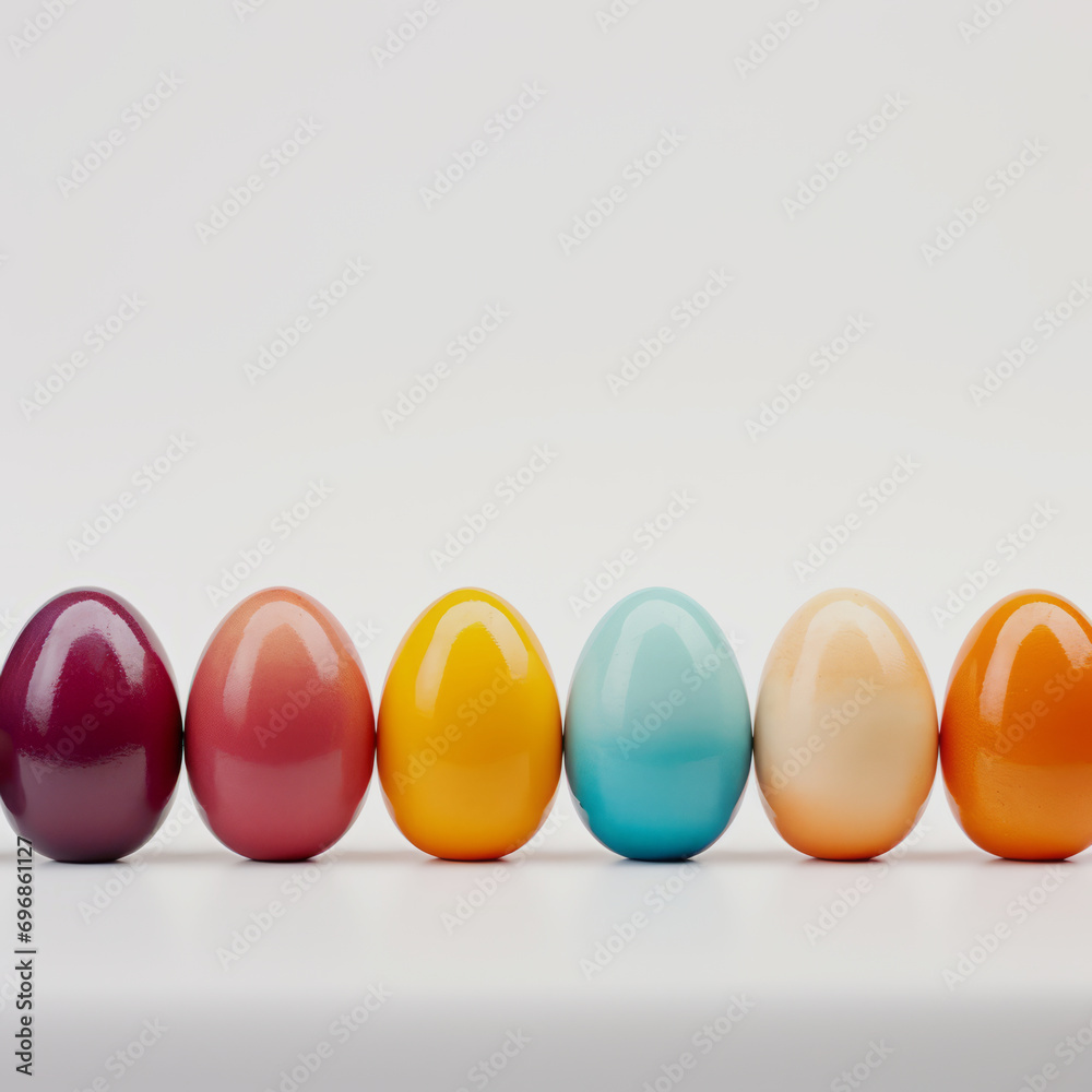 Beautiful Easter eggs with spring watercolor in a row, highlighted on a white background.