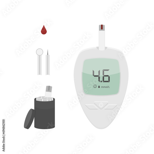 Glucose test set. White glucometer with numbers. Normal blood glucose level.
