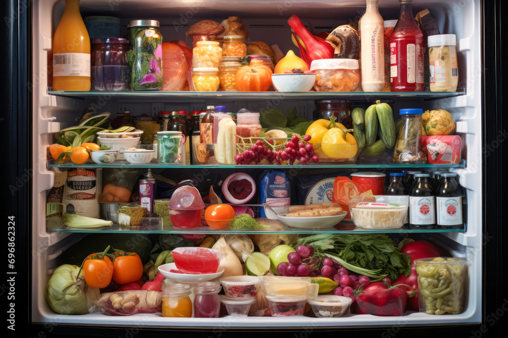 Fresh produce, colorful fruits and vegetables, and refreshing soft drinks in fully stocked refrigerator