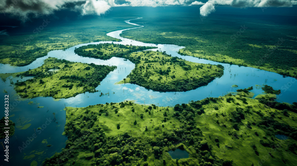 Aerial view of river delta and wetlands in rainforest