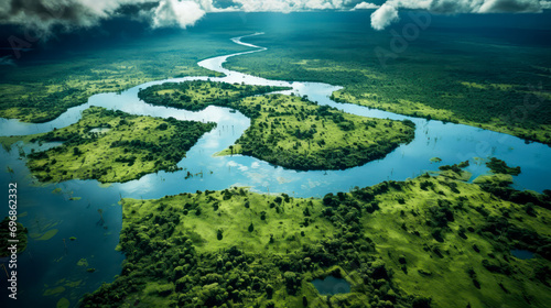 Aerial view of river delta and wetlands in rainforest