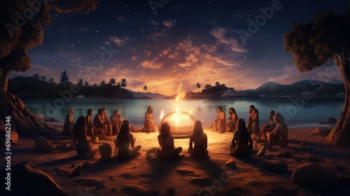 A group of friends in bohemian attire  having a drum circle around a bonfire on a sandy beach  with the moon illuminating the night.