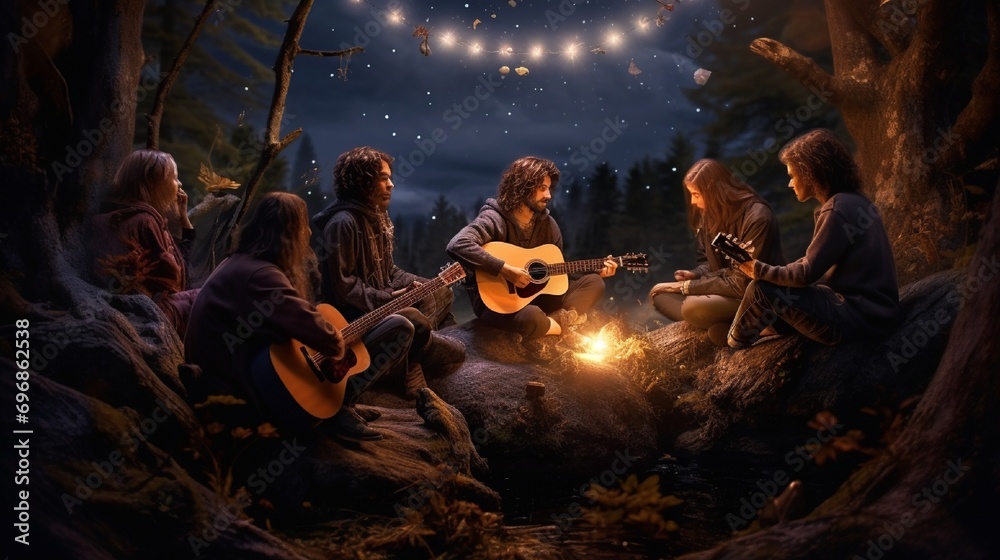 A group of friends in bohemian attire, sitting around a campfire, playing acoustic guitars and singing under the starlit sky.