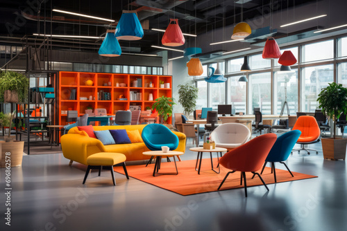 Modern interior of open space office with colorful furniture and light lamps