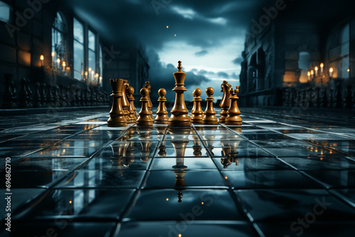 chessboard where each piece represents a different algorithm, portraying the strategic thinking behind a powerful mind in a commercial photo