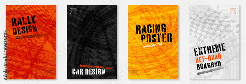 Set of four grungy backgrounds with abstract tire tracks and chess flags photo